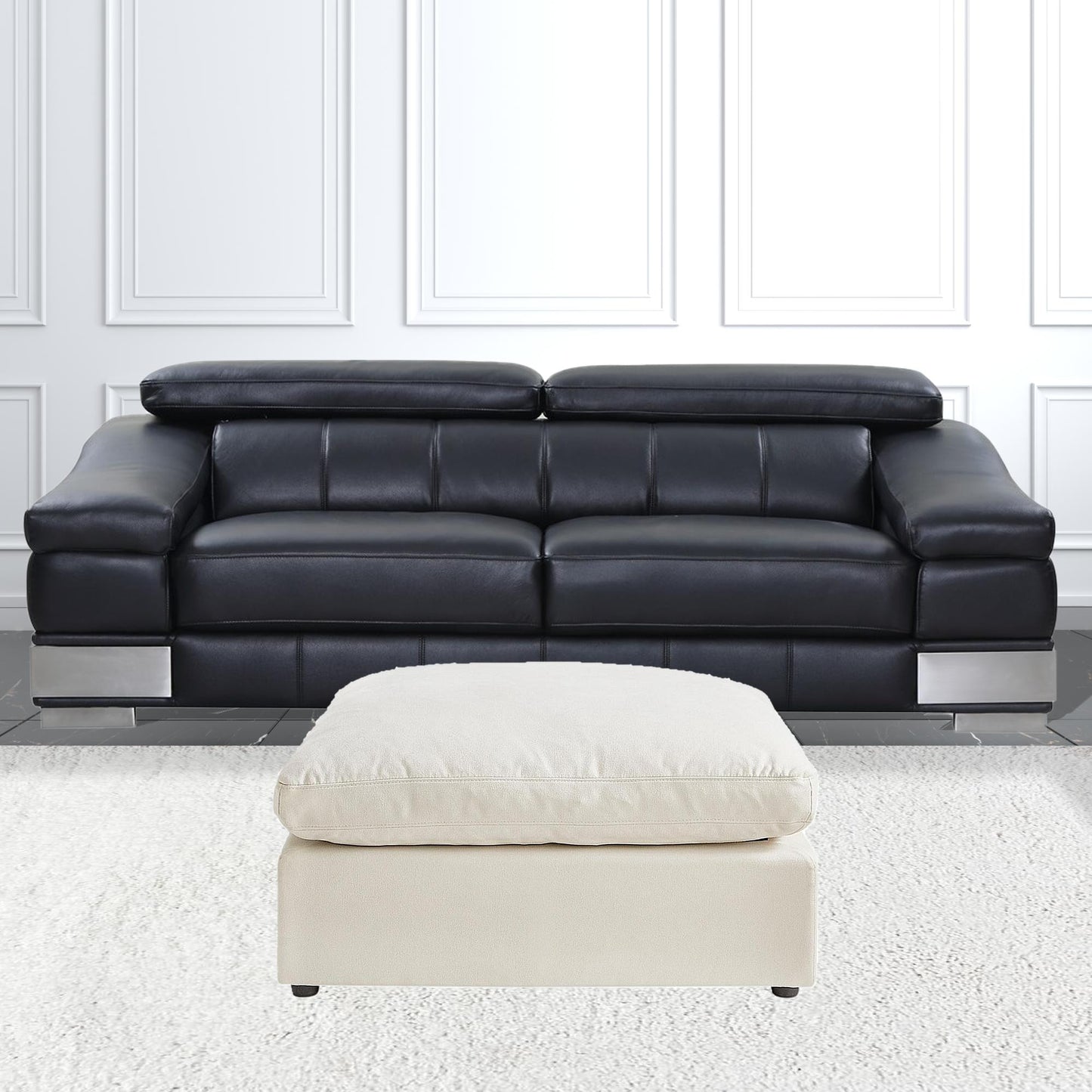 36" Gray Linen And Black Ottoman