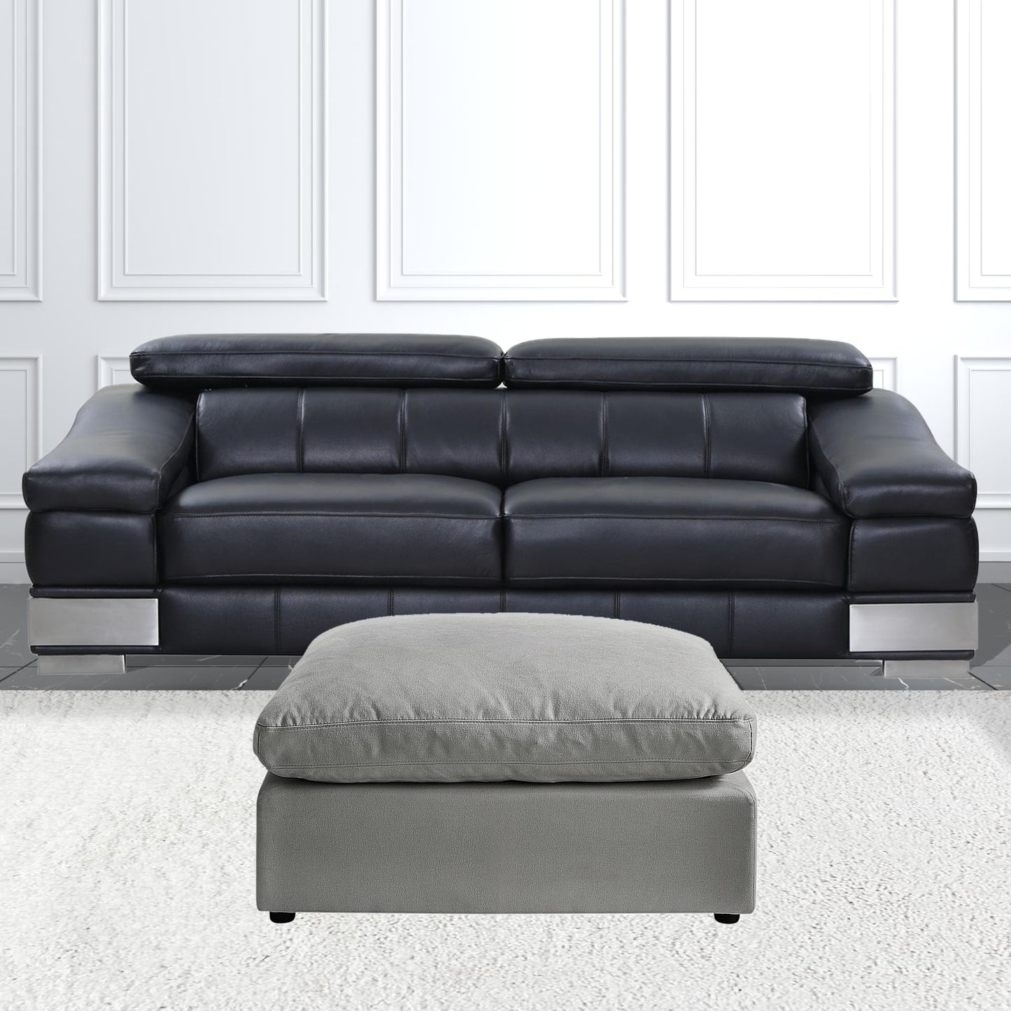 36" Gray Linen And Black Ottoman