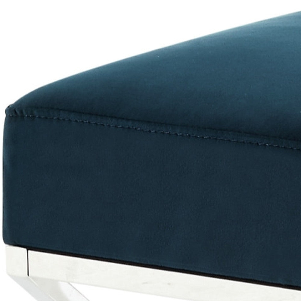 18" Navy Blue Velvet and Silver Ottoman