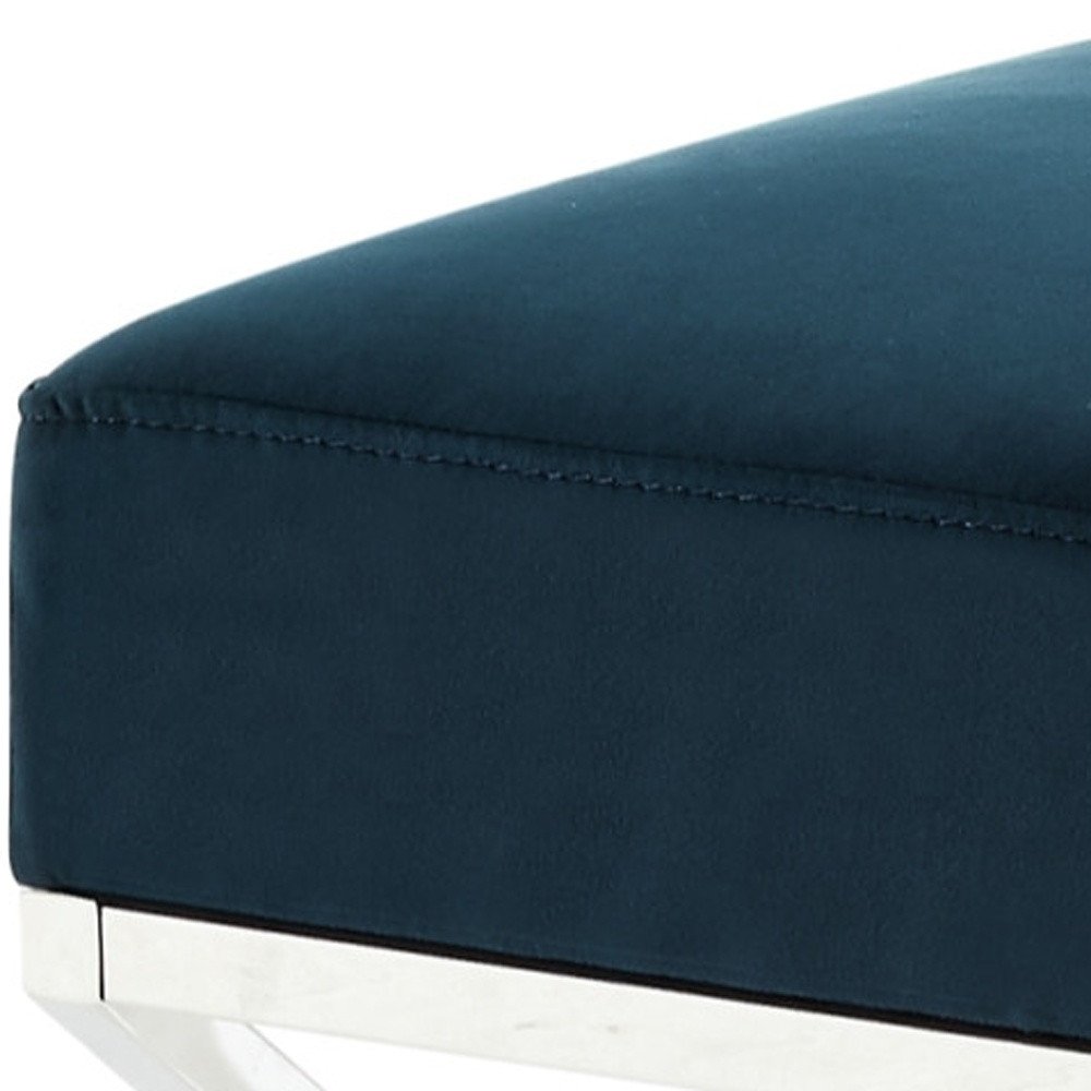 18" Navy Blue Velvet and Silver Ottoman
