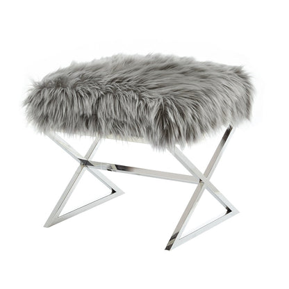 18" Navy Blue Velvet and Silver Ottoman