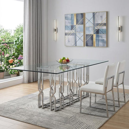 87" Clear And Silver Glass And Stainless Steel Pedestal Base Dining Table