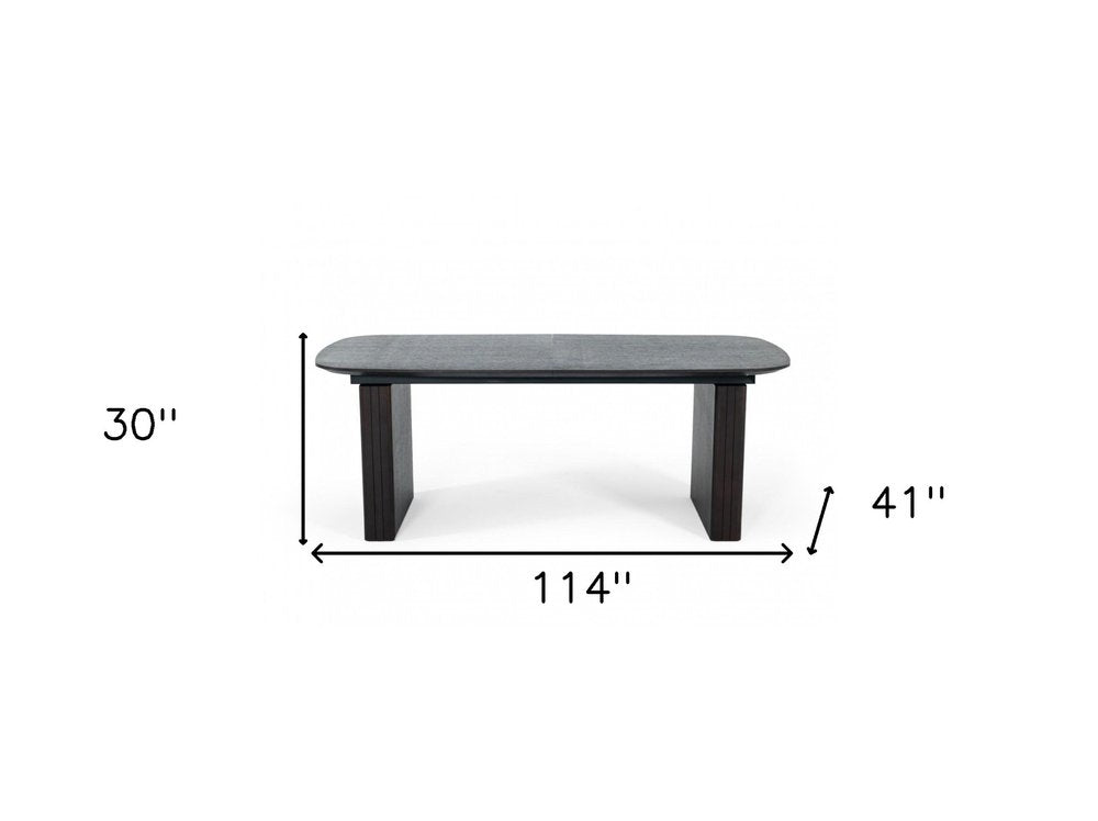 114" Brown Wood Self-Storing Leaf Double Pedestal Base Extendable Dining Table