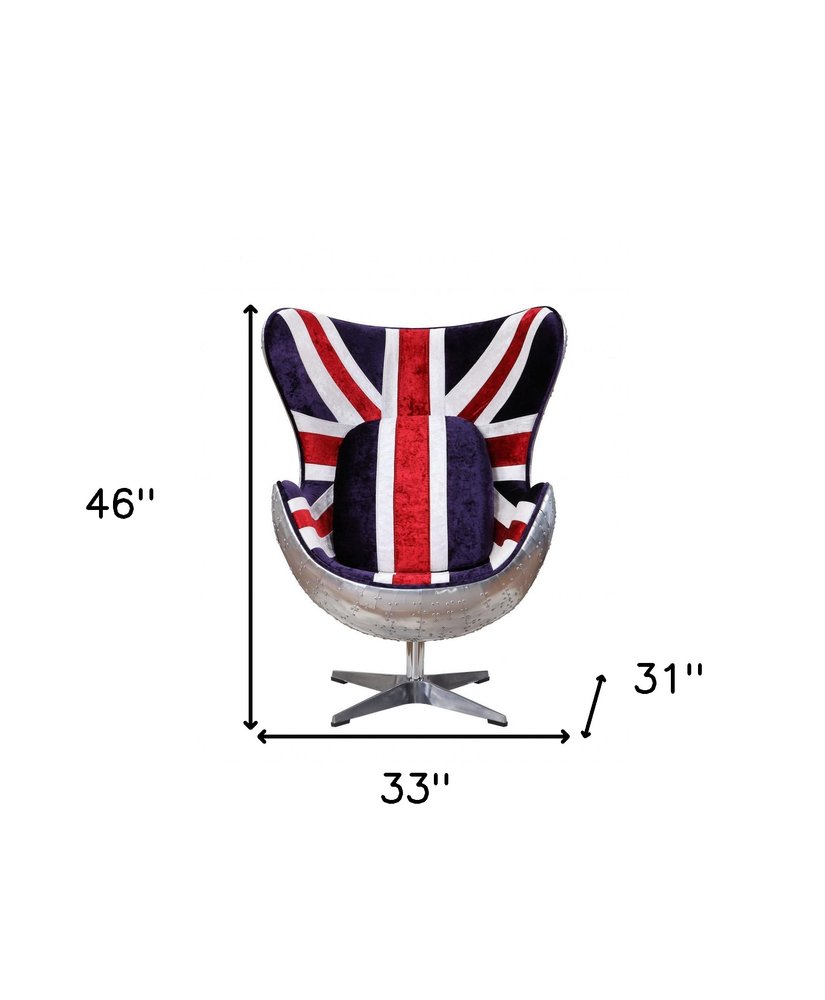 33" Red White Blue and Silver Fabric Great Britain Flag Swivel Balloon Chair