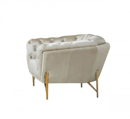 49" Beige And Gold Velvet Tufted Arm Chair