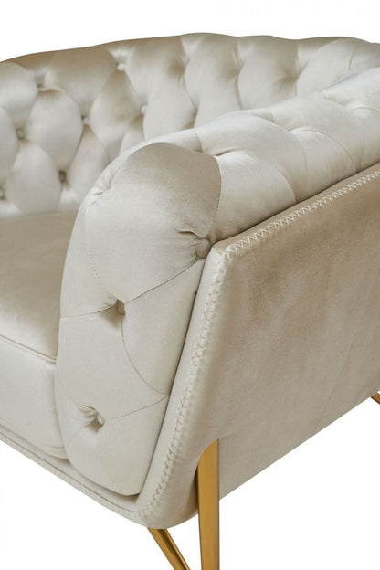 49" Beige And Gold Velvet Tufted Arm Chair