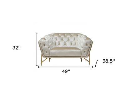 49" Beige And Gold Velvet Tufted Arm Chair