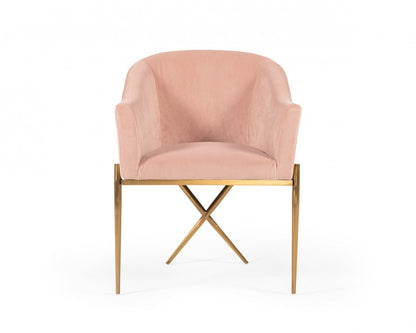 25" Pink Velvet And Gold Solid Color Arm Chair