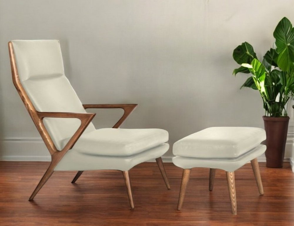 26" Beige And Brown Faux Leather Lounge Chair With Ottoman