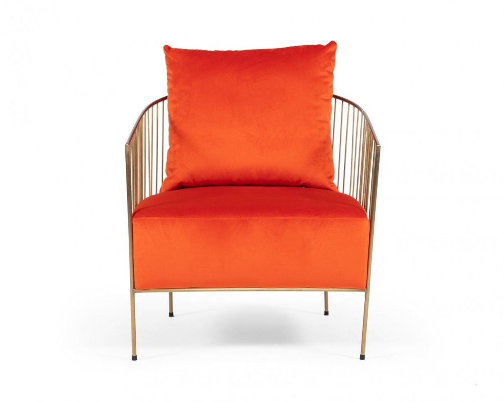 27" Orange And Gold Velvet Arm Chair