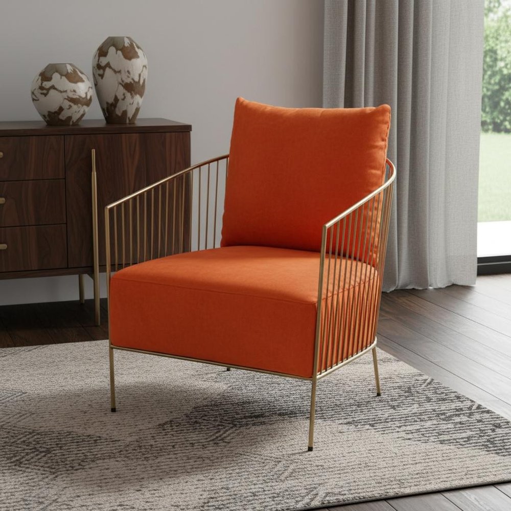 27" Orange And Gold Velvet Arm Chair