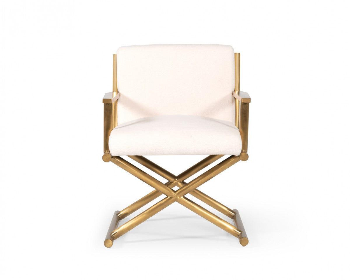 27" White Sherpa And Gold Directors Arm Chair