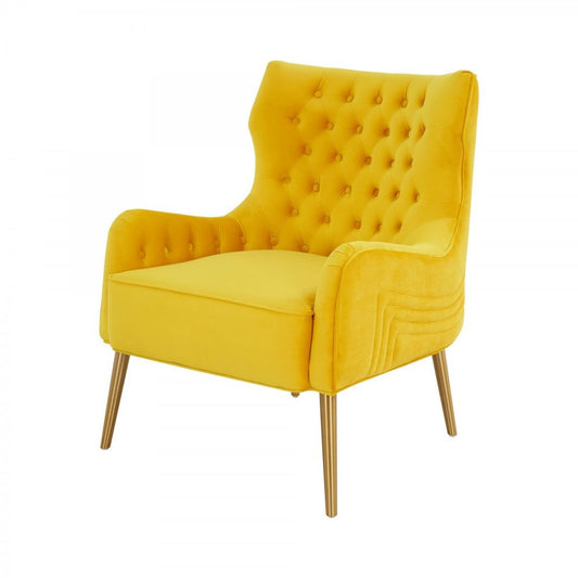 30" Yellow And Gold Velvet Arm Chair