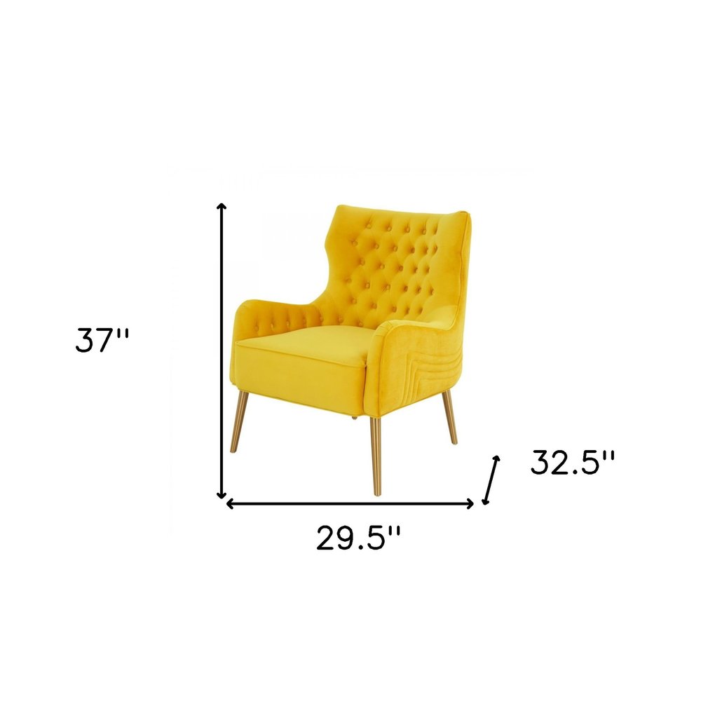 30" Yellow And Gold Velvet Arm Chair