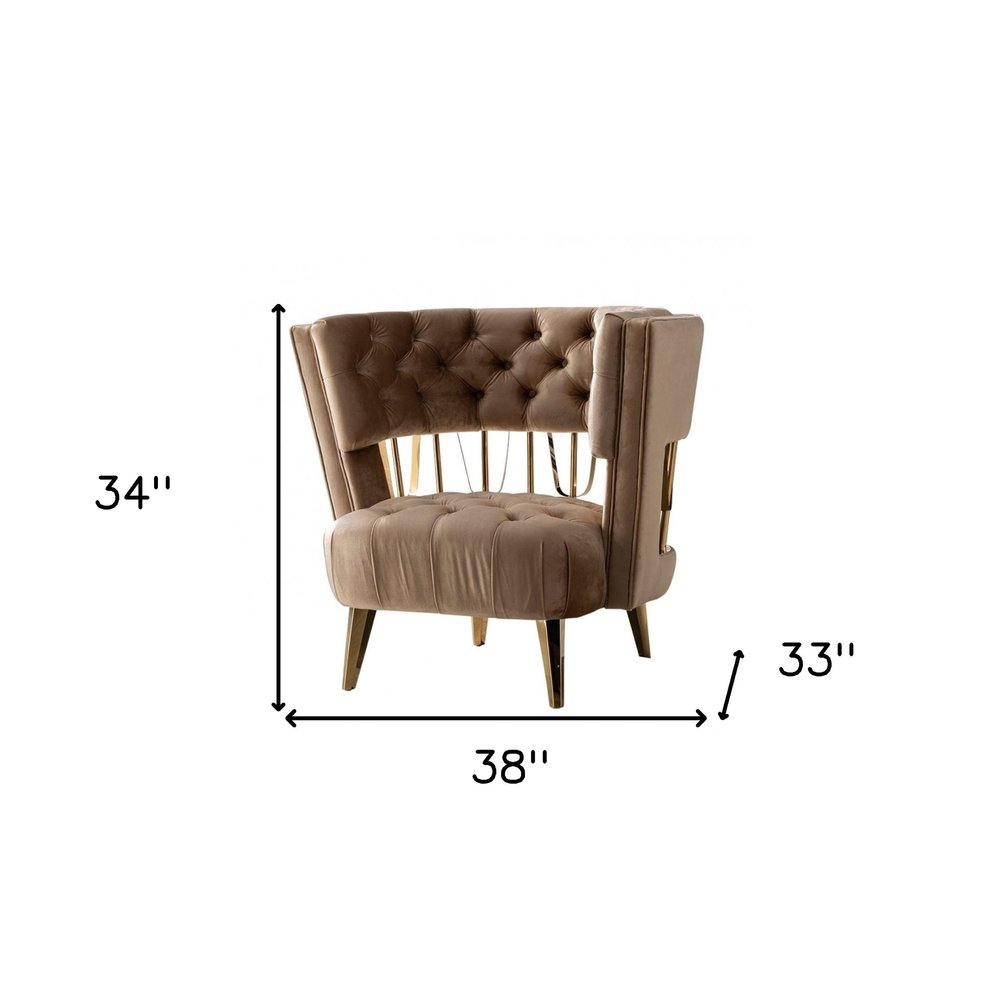 38" Beige And Gold Velvet Tufted Barrel Chair