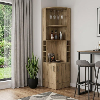 18" Natural Corner Bar Cabinet With Eleven Shelves