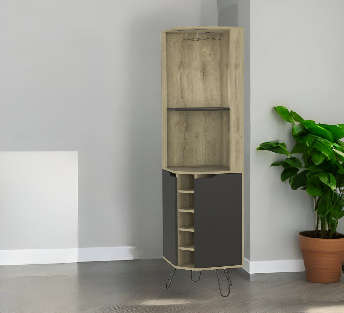 18" Brown and Black and Brown Corner Bar Cabinet With Eleven Shelves