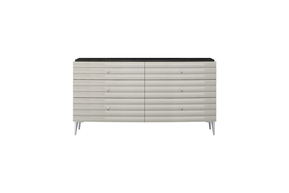 62" Gray Ribbed Texture Wood Six Drawer Double Dresser