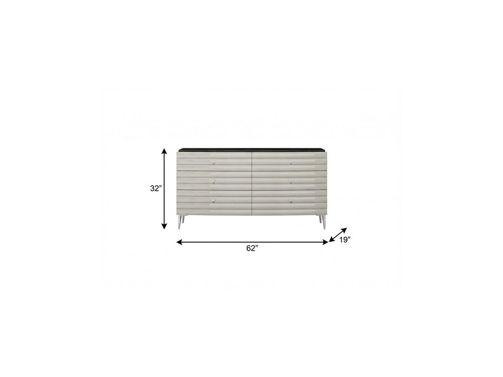 62" Gray Ribbed Texture Wood Six Drawer Double Dresser