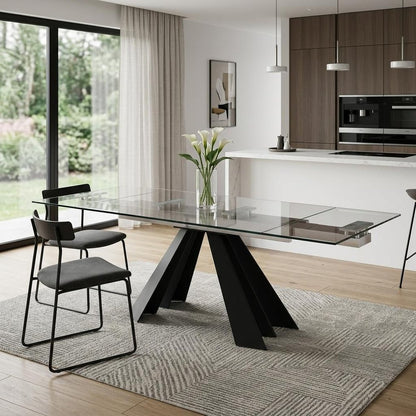 63" Clear And Black Glass And Metal Drop Leaf Pedestal Base Dining Table
