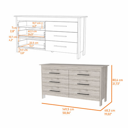 32" Light Gray Six Drawer Double Dresser