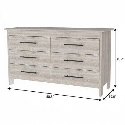 32" Light Gray Wood And Metal Six Drawer Double Dresser