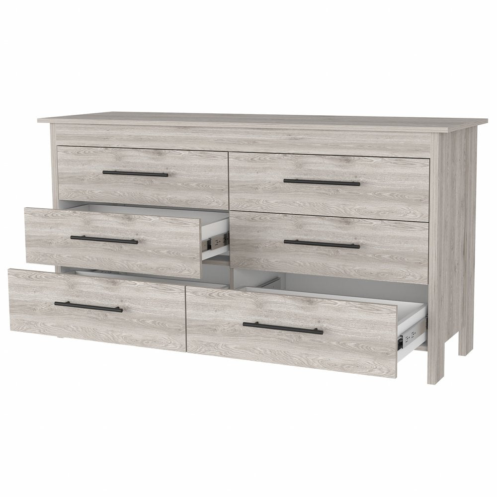 32" Light Gray Wood And Metal Six Drawer Double Dresser