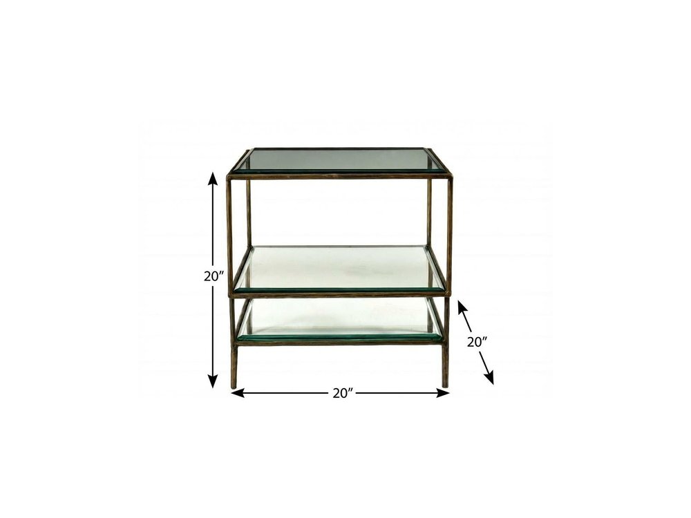 20" Bronze And Clear Glass And Iron Square End Table With Two Shelves