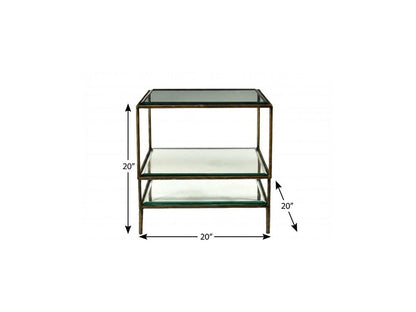 20" Bronze And Clear Glass And Iron Square End Table With Two Shelves