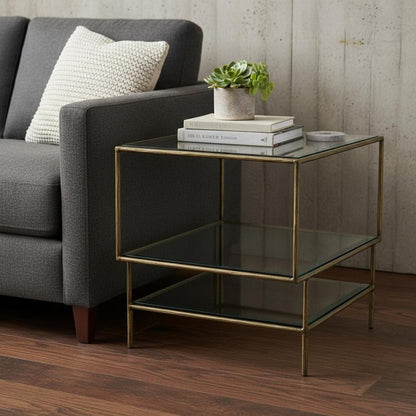 20" Bronze And Clear Glass And Iron Square End Table With Two Shelves