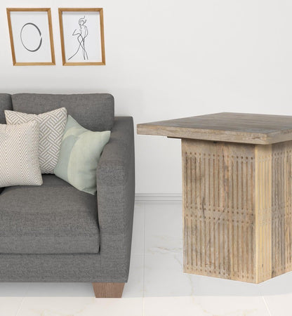 24" Ivory Distressed Solid Wood Square Pedestal End Table