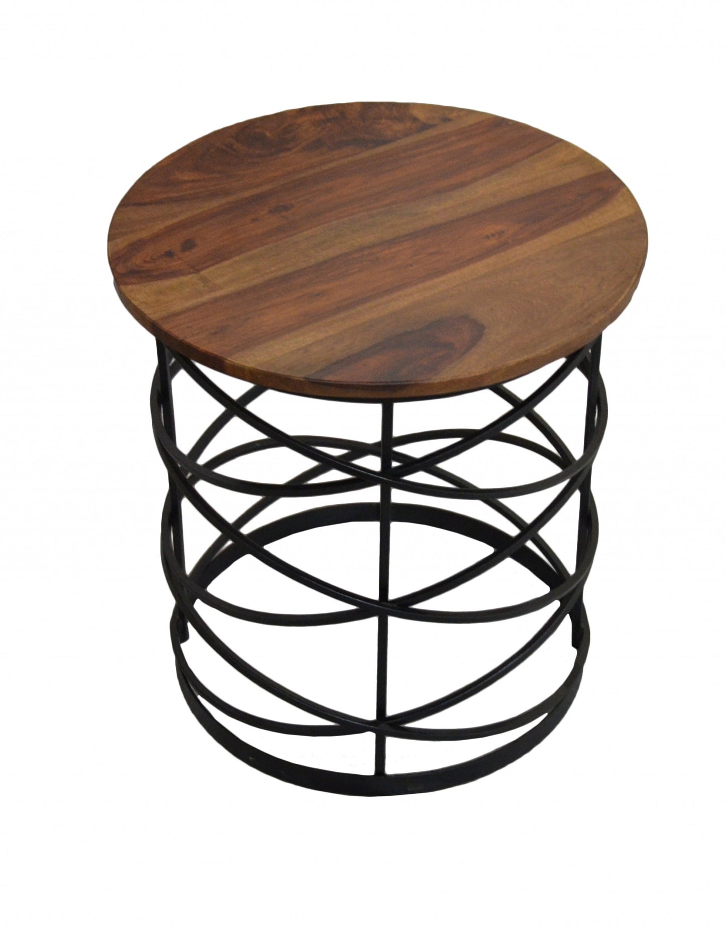 19" Black And Brown Solid Wood And Iron Round End Table