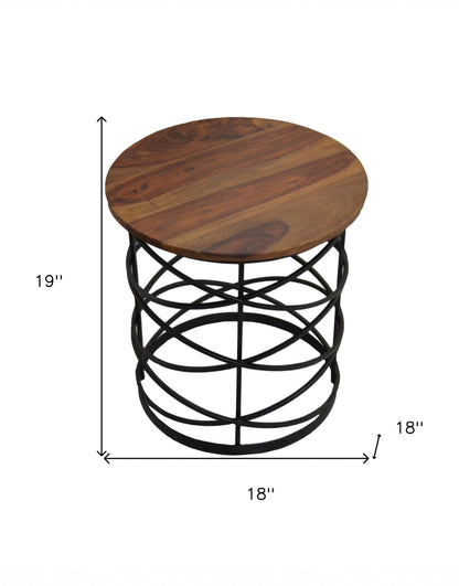 19" Black And Brown Solid Wood And Iron Round End Table