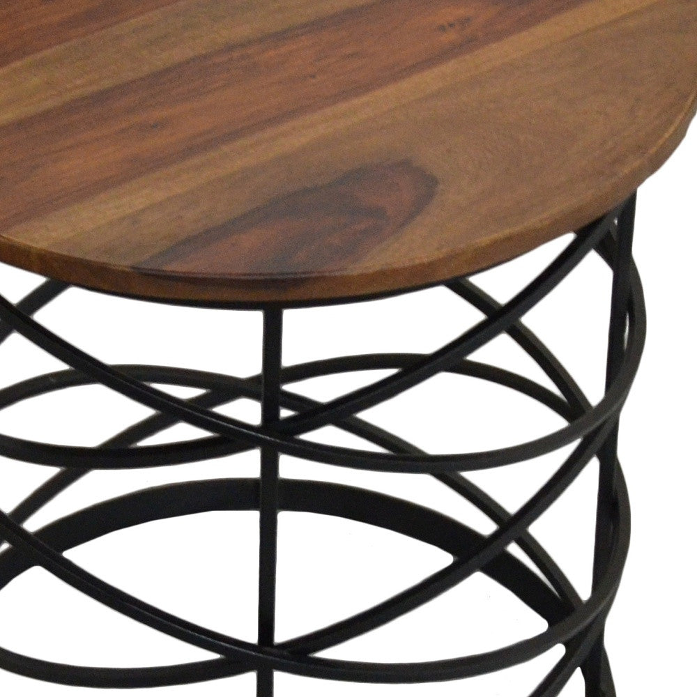 19" Black And Brown Solid Wood And Iron Round End Table