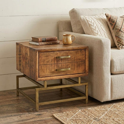 21" Brass And Brown Solid Wood And Iron Square End Table With Drawer