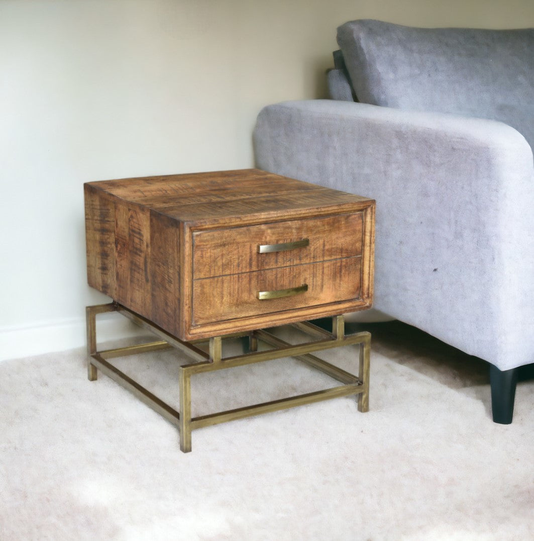 21" Brass And Brown Solid Wood And Iron Square End Table With Drawer