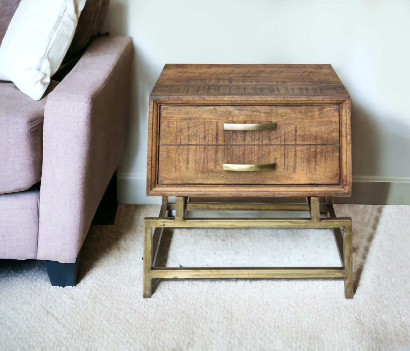 21" Brass And Brown Solid Wood And Iron Square End Table With Drawer