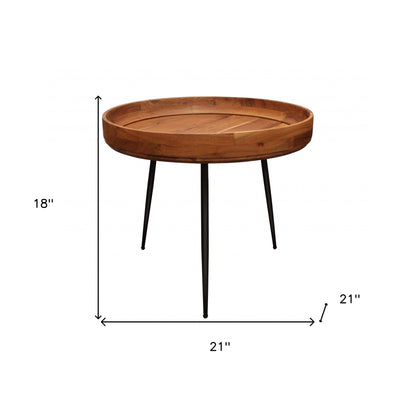 18" Black And Natural Brown Solid Wood And Iron Round End Table