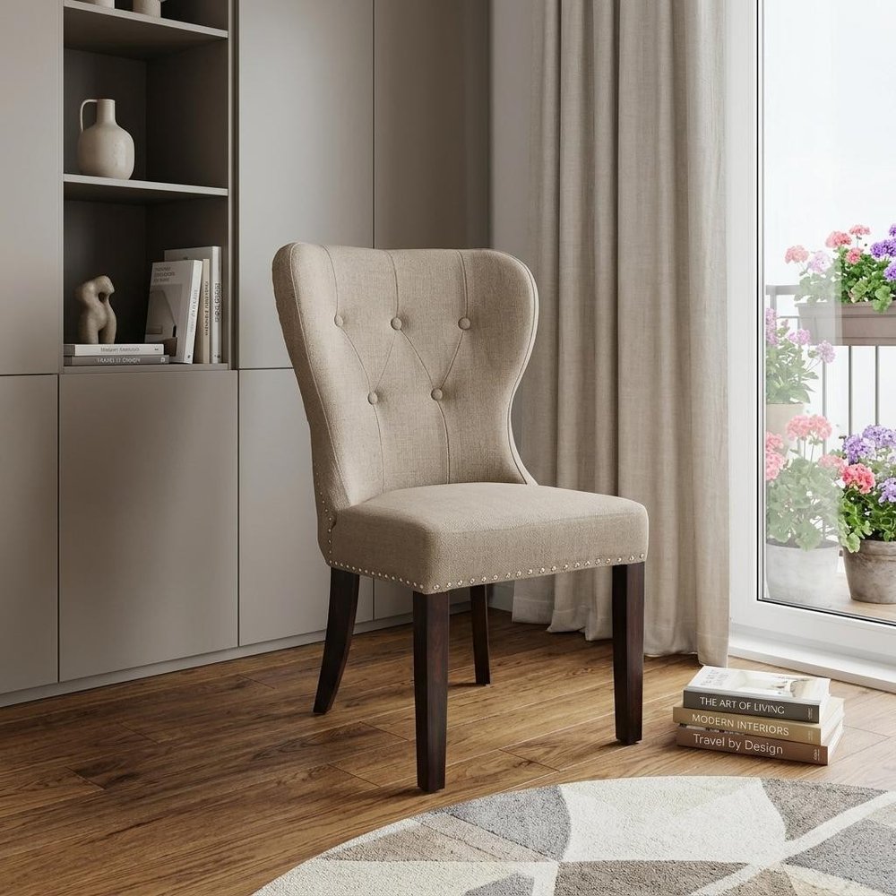 32" Taupe And Dark Brown Linen Tufted Side Chair