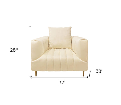 37" Ivory Velvet And Gold Solid Color Lounge Chair