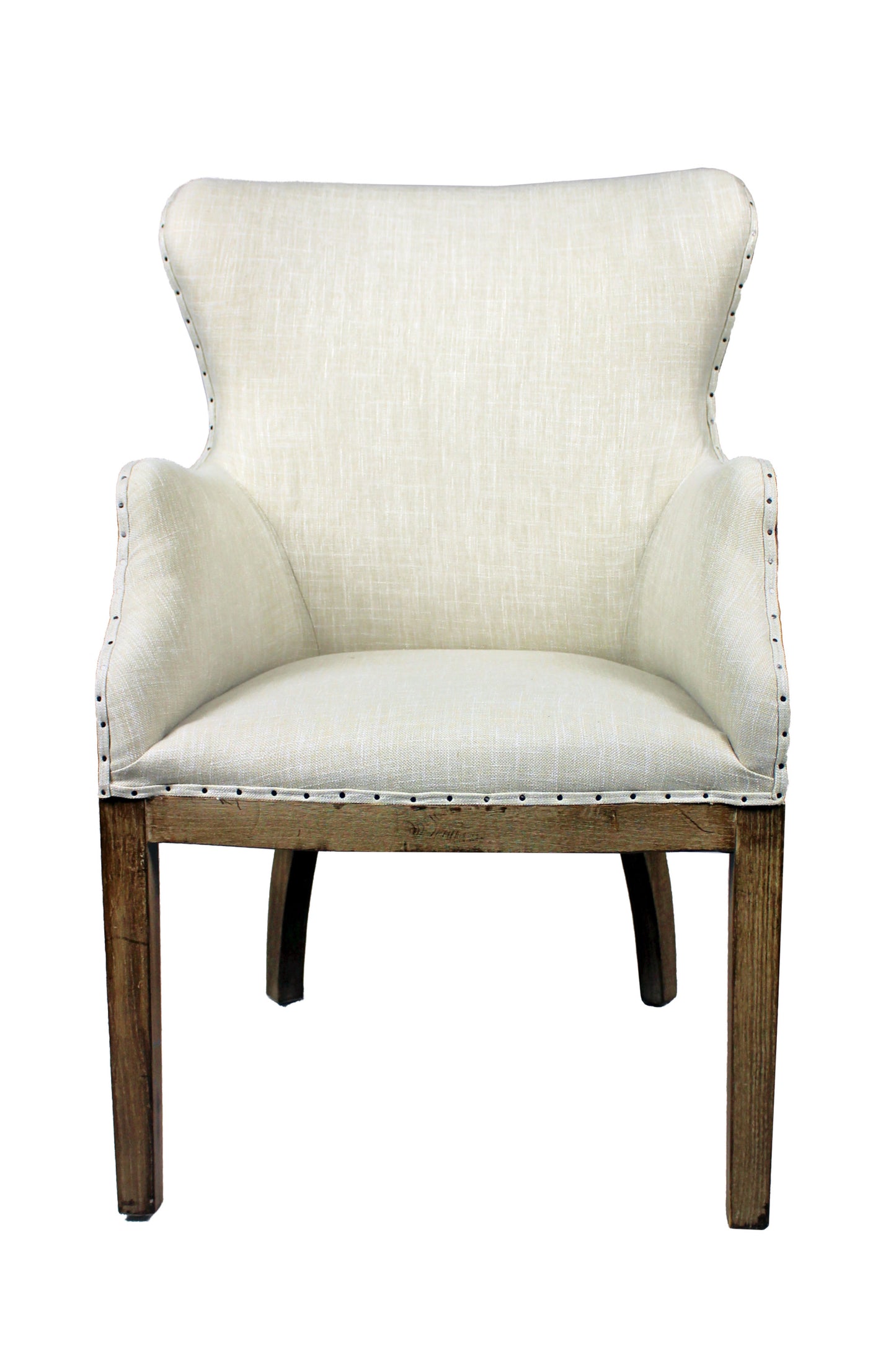 25" Ivory and Brown Fabric and Solid Wood Dining Arm Chair