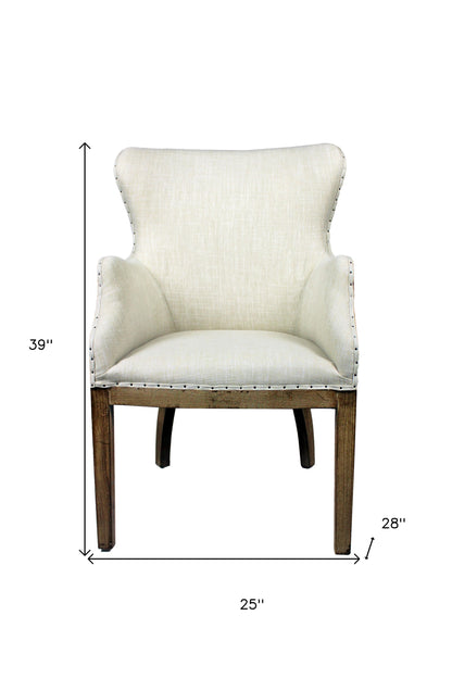 25" Ivory and Brown Fabric and Solid Wood Dining Arm Chair