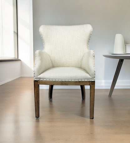 25" Ivory and Brown Fabric and Solid Wood Dining Arm Chair