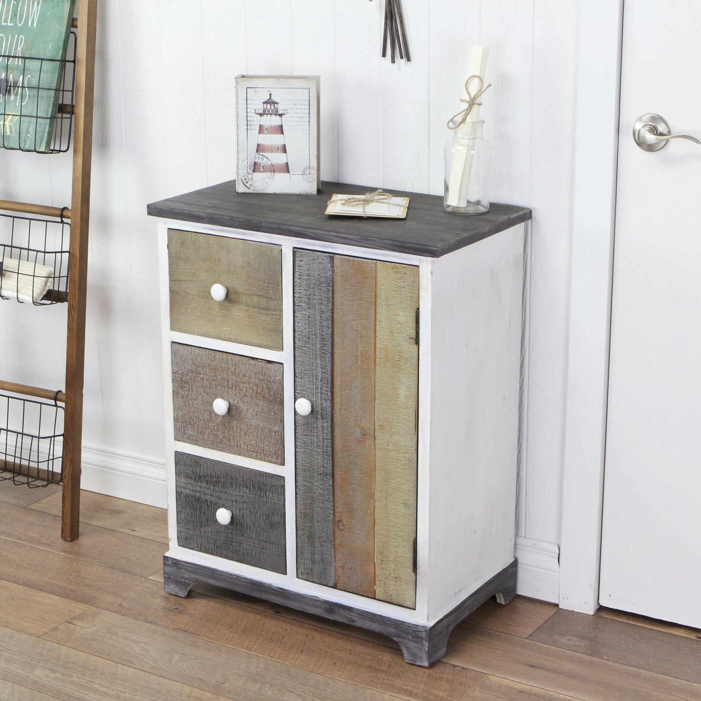 30" White And Black Rustic Wood End Table With Three Drawers