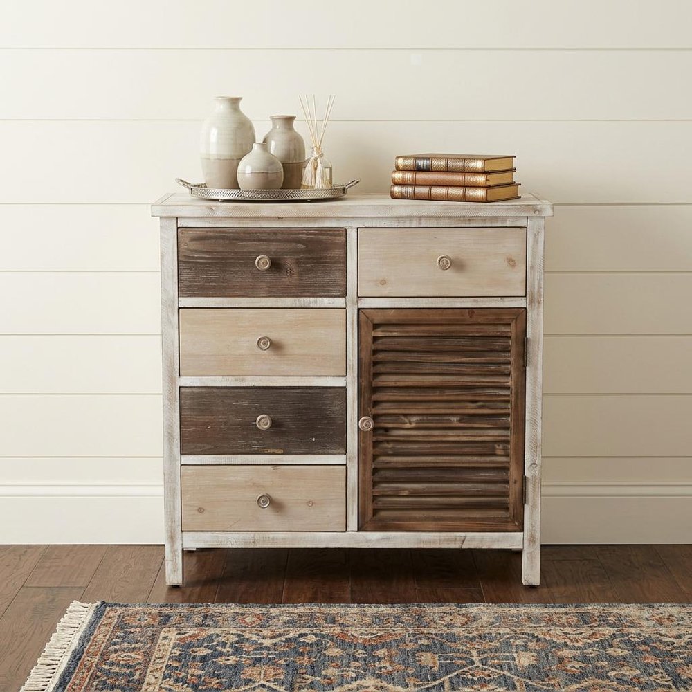 32" Brown Solid Wood End Table With Five Drawers And Two Shelves