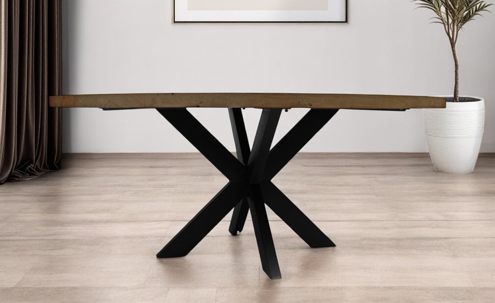 72" Gray Beige And Black Solid Wood And Iron Round Dining Table