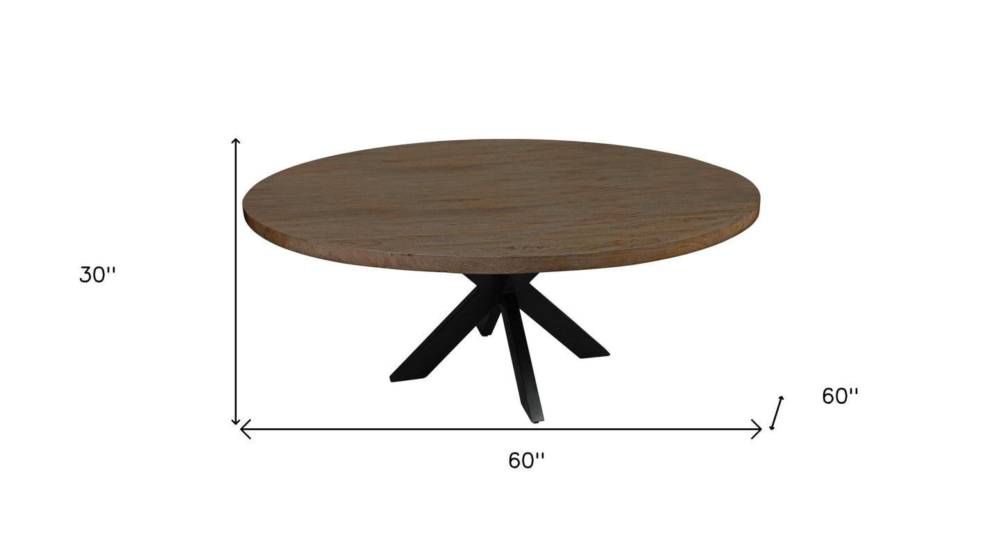 60" Natural And Black Rounded Solid Wood And Iron Pedestal Base Dining Table