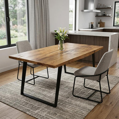 63" Natural And Black Solid Wood And Iron Sled Base Dining Table