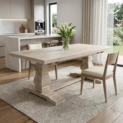 81" Antiqued White Solid Wood Trestle Base Dining Table