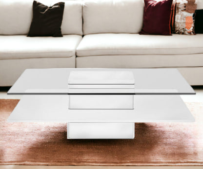 39" White And Clear Glass Square Coffee Table With Shelf